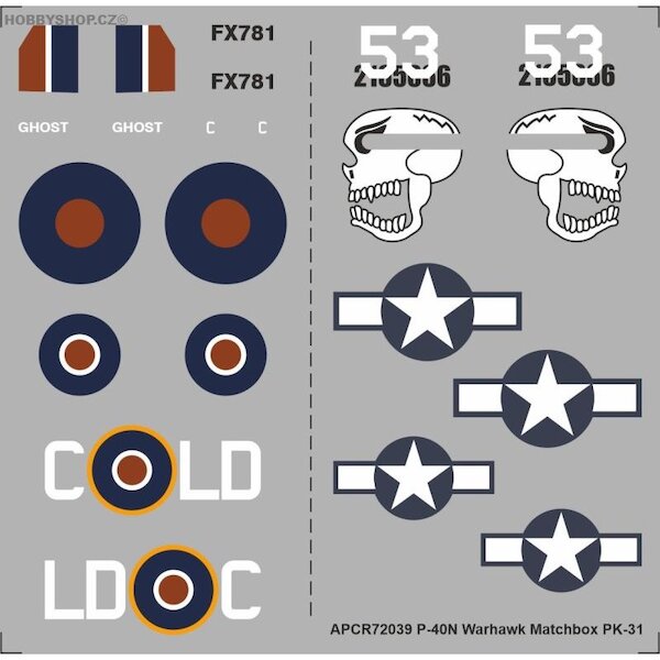 Curtiss P40N warhawk Replacement decal for Matchbox kit  APCR72039