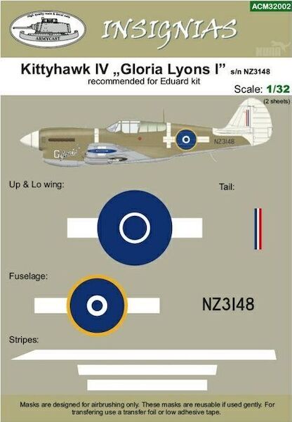 Masking for Curtiss P40N Kittyhawk MKIV (NZ3148 "Gloria Lyons I" RNZAF)  ACM32002