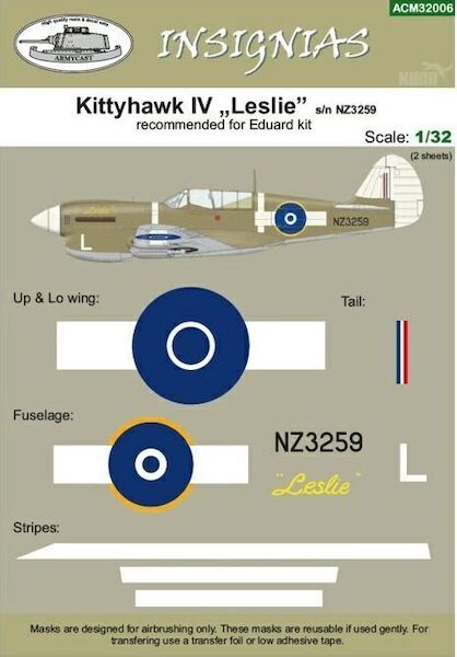 Masking for Curtiss P40N Kittyhawk MKIV (NZ3259 "Leslie" RNZAF)  ACM32006