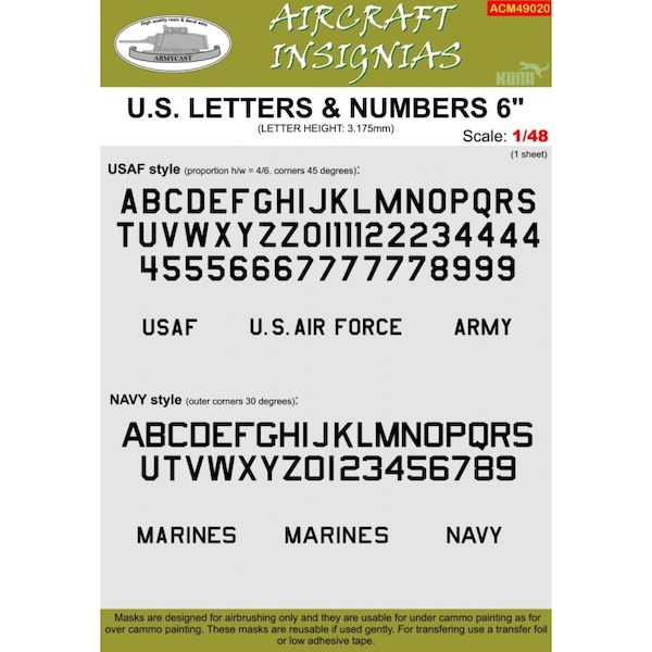 US Letters and numbers 6"(3,175mm)  Masks  ACM49020