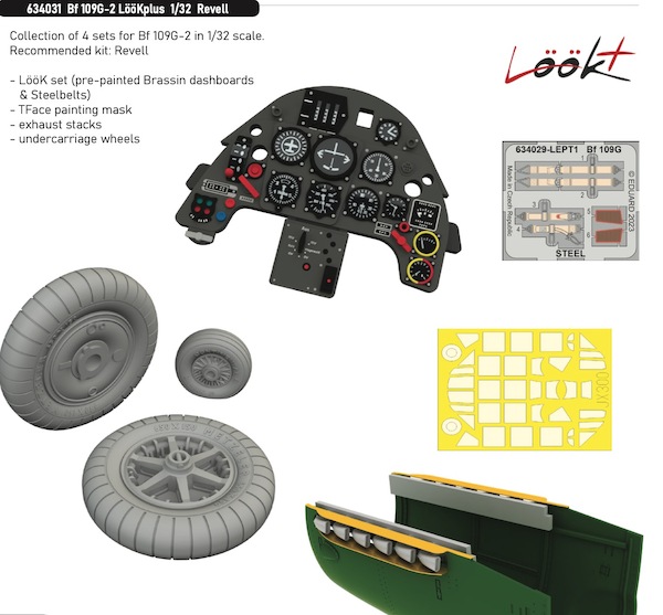Messerschmitt BF109G-2 Lk + Instrument Panel and seatbelts, exhaust stacks, wheels and TFace Mask (Revell)  E634031