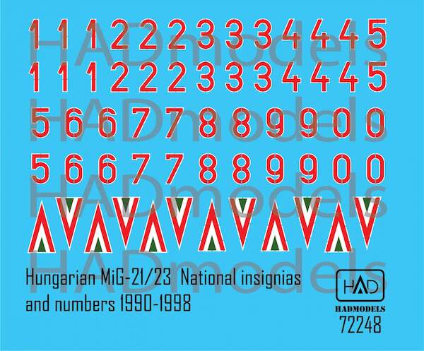 Hungarian MiG21/MiG23 National insignias and Numbers decal sheet 1990-1998  HAD72248