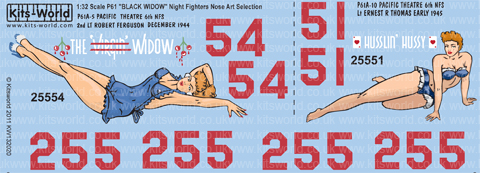 P61 Black Widow Night Fighters Nose Art - Pacific Theatre 1944-1945 :"The Virgin Widow", "Husslin Hussey"  kw132020