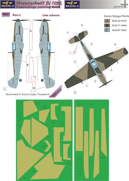 Messerschmitt BF109 Camouflage Painting Mask  - :Late Scheme Part 1 (Eduard, Dragon, Trumpeter)  LFM3222