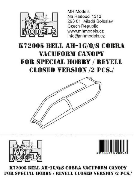 Bell AH1G/Q/S Cobra Vacuform canopy Closed (2 sets for Special Hobby/Revell)  K72005