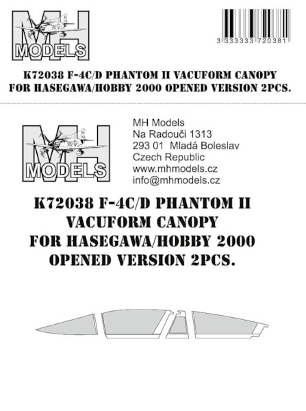 F4C/D Phantom II Vacuform canopy Opened version (2 sets for Hasegawa/Hobby 2000)  K72038