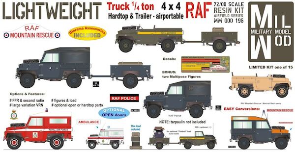 Land Rover 3, 1/4 ton 4 x 4 Hardtop/windows  & Trailer RAF with  Figures, and Load  MM000-196