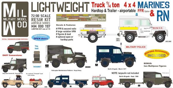 Land Rover 3, 1/4 ton 4 x 4 Hardtop/windows  & Trailer (Royal Navy, Marines) with  Figures, and Load  MM000-197