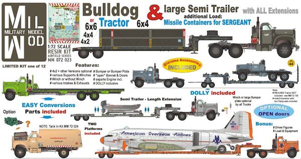 Bulldog Tractor & XXL Semi Trailer with all extensions with Load  Mack B Tractor w. ALL Wheel configurationsSERGEANT Missile Container.  MM072-023