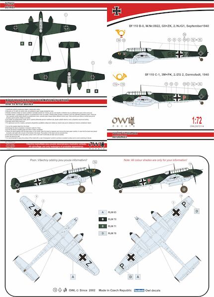 Messerschmitt Bf110B-0/BF110C-1 Postal Couriers (G9+ZK - 2./NJG1 & 3M+PK - 2./ZG2)  OWLDS72114