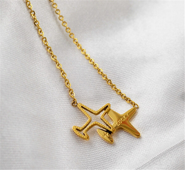 Stainless Steel Gold Color Double Horizontal Airplane Pendants Necklaces NECK GOLD HOR