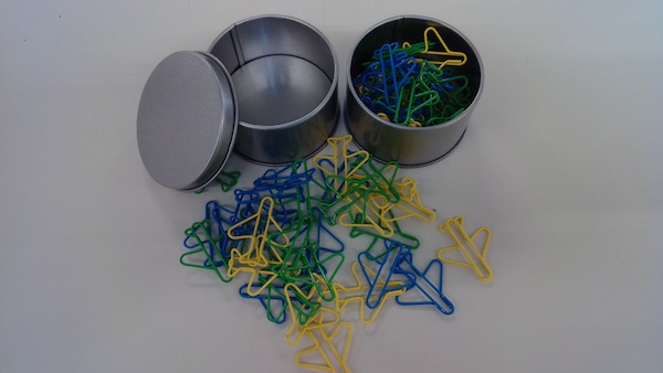 Plane Clips - box with aircraft-shaped paperclips (Red, White, Blue, Green, Yellow) PAPER CLIPS