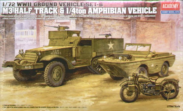 WWII Ground Vehicle Set 6 (M3 Half Track, 1/4 ton Amphibian & Harley Davidson motorcycle  AC13408