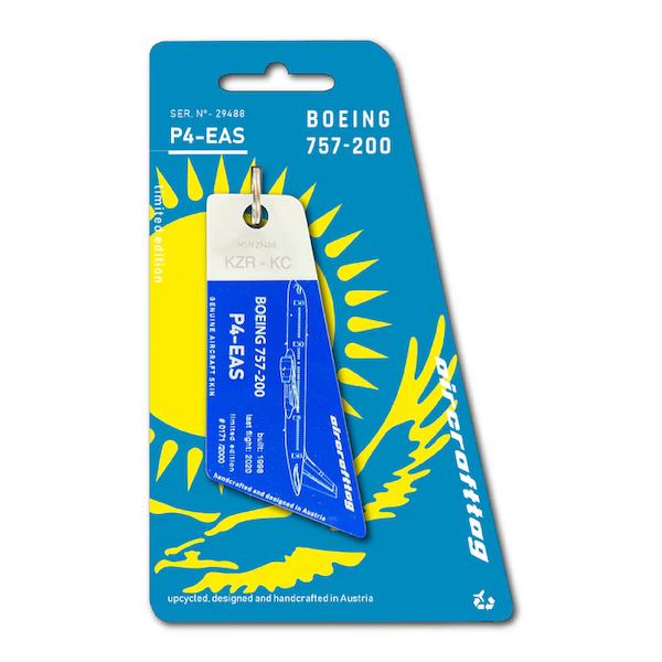 Keychain made of: Boeing 757 Air Astana P4-EAS (Blue/white)  P4-EAS-BW