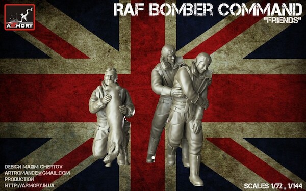 'Friends', RAF WWII Heavy Bomber crewmen in high altitude outfit (3 figures and a dog' AR F7224B