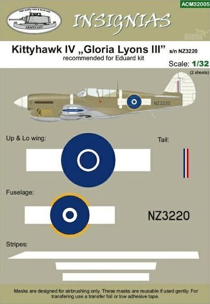 Masking for Curtiss P40N Kittyhawk MKIV (NZ3220 "Gloria Lyons III" RNZAF)  ACM32005