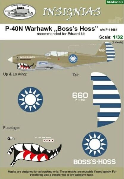 Masking for Curtiss P40N Kittyhawk MKIV (Boss Hogg P-11461/660 AVG) ACM32007
