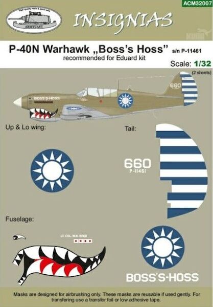 Masking for Curtiss P40N Kittyhawk MKIV (Boss Hogg P-11461/660 AVG)  ACM32007