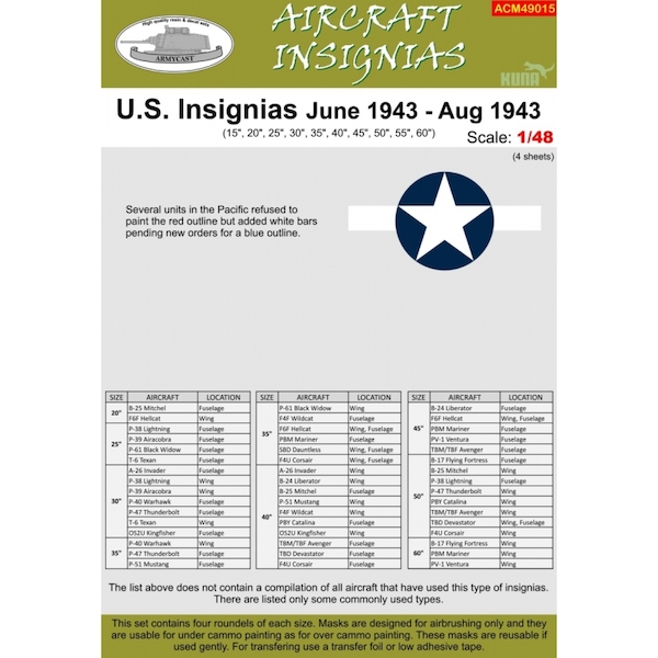 US Insignia June 1943- August 1943 without outline Masks ACM49015