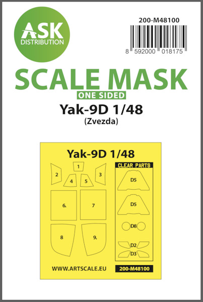 Masking Set Yakovlev Yak9D Canopy  and clear parts (Zvezda) One Sided  200-M48100