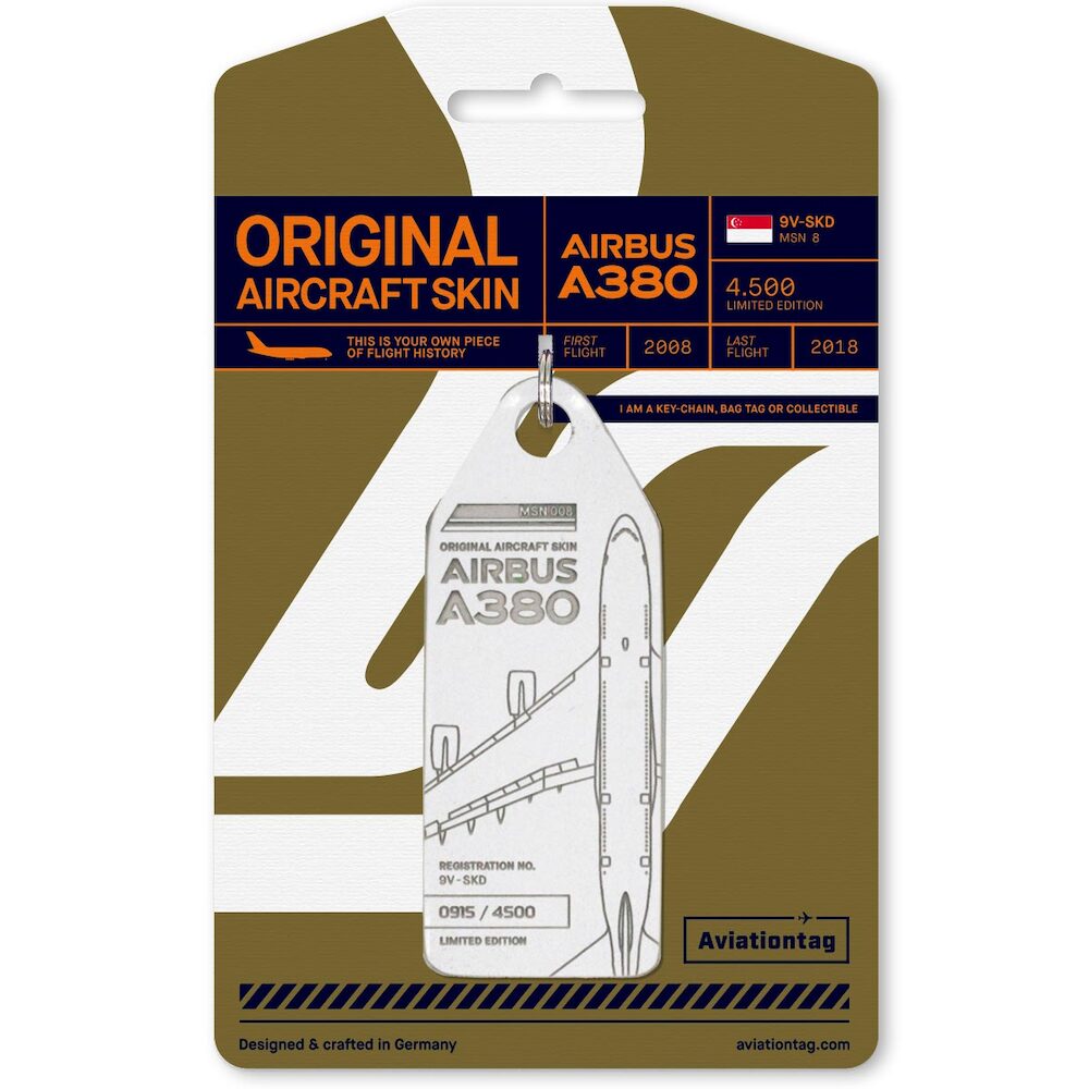 Aviationtag 9V-Skd Keychain Made Of Real Aircraft Skin: Airbus A