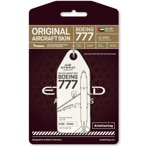 Keychain made of real aircraft skin: Boeing 777 Etihad A6-LRB pearl  A6-LRB-PEARL