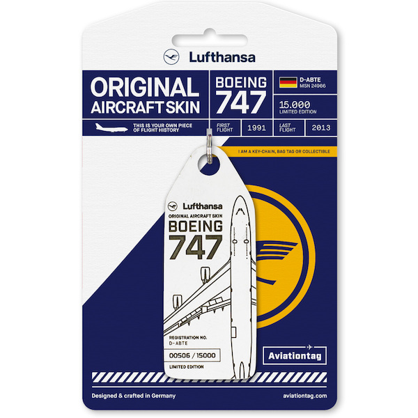 Keychain made of real aircraft skin: Boeing 747-400 Lufthansa D-ABTE (white) D-ABTE WHITE