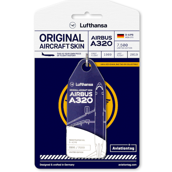 Keychain made of real aircraft skin: Airbus A320 Lufthansa D-AIPB Heidelberg (blue/white) D-AIPB BLUE/WH