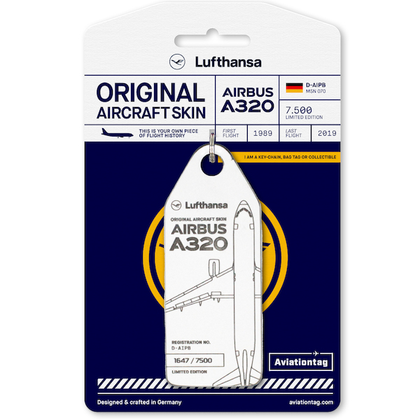 Keychain made of real aircraft skin: Airbus A320 Lufthansa D-AIPB Heidelberg (white) D-AIPB WHITE
