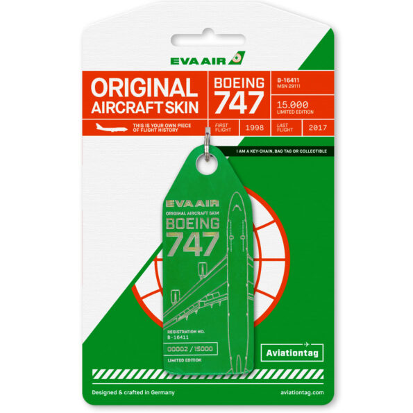Keychain made of real aircraft skin: Boeing 747-400 EVA Air B-16411 (green) EVA 747 GREEN
