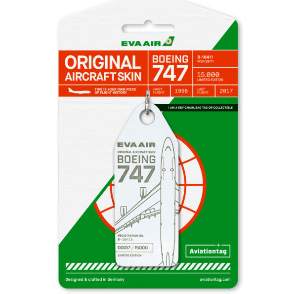 Keychain made of real aircraft skin: Boeing 747-400 EVA Air B-16411 (white) EVA 747 WHITE