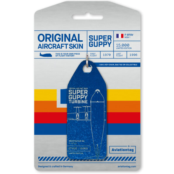 Keychain made of real aircraft skin: Aero Spacelines Super Guppy F-BTGV (blue) F-BTGV-BLUE