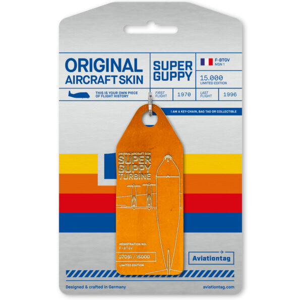 Keychain made of real aircraft skin: Aero Spacelines Super Guppy F-BTGV (orange) F-BTGV-ORANGE