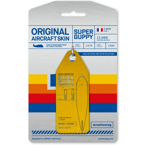 Keychain made of real aircraft skin: Aero Spacelines Super Guppy F-BTGV (yellow) F-BTGV-YELLOW