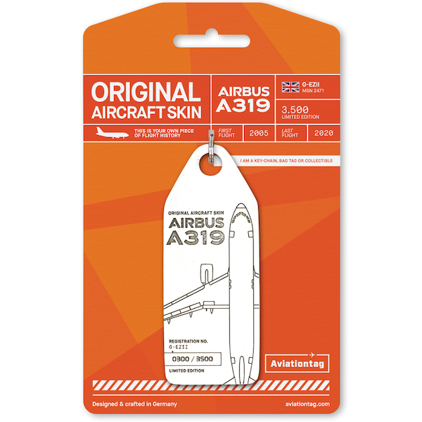 Keychain made of real aircraft skin: Airbus A319 Easyjet G-EZII (white) G-EZII WHITE
