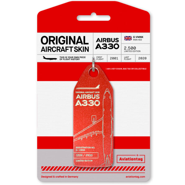 Keychain made of real aircraft skin: Airbus 330-300 Virgin Atlantic G-VMNK (ex D-ALPA LTU/Air Berlin)) G-VMNK