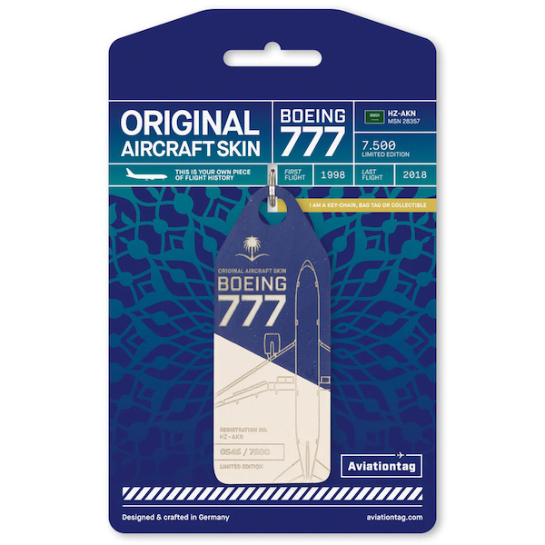 Keychain made of: Boeing 777-200ER Saudia HZ-AKN Blue/White HZ-AKN