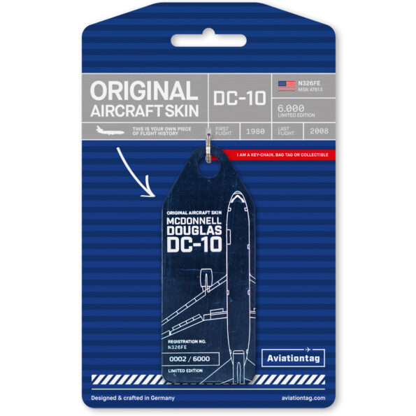 Keychain made of real aircraft skin: McDonnell Douglas DC-10–30 N326FE United Airlines (blue) N326FE-BLUE