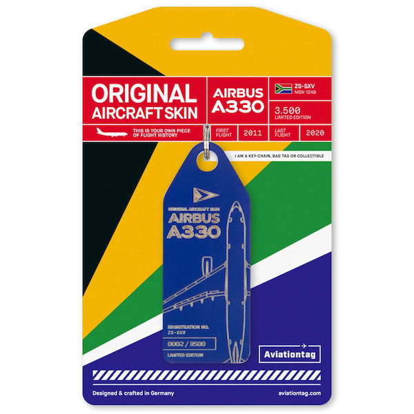 Keychain made of: SAA/SAl South African Airways Airbus A330 - ZS-SXV (Blue)  ZS-SXV BLUE