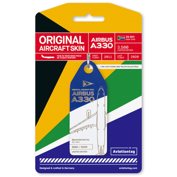 Keychain made of: SAA/SAL South African Airways Airbus A330 - ZS-SXV (Blue/White)  ZS-SXV B/W