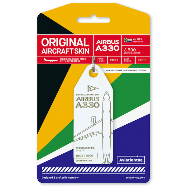 Keychain made of: SAA/SAL South African Airways Airbus A330 - ZS-SXV (White)  ZS-SXV WHITE