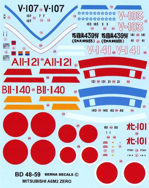 Mitsubishi A6M Zero Model 21: Sakai (V-103 & V-107) 1941-42, Arita (V-141) 1942 , Iwamoto 1943, Nouno (Hiryu B11-140) 1941, Nikado (Kaga A11-121) 1941  BD48-59