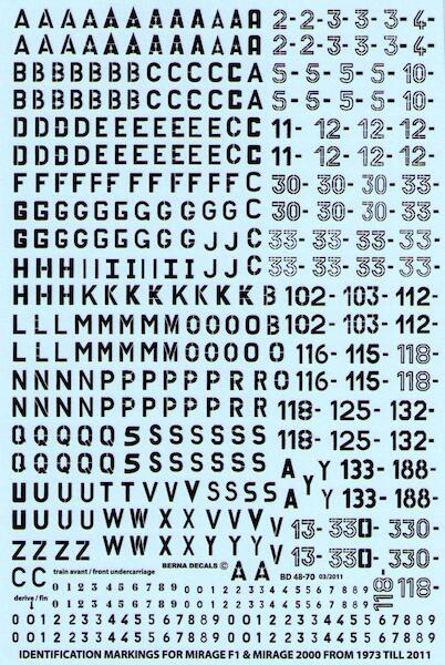 French registrations for Mirage F1 B, C, CR, CT & Mirage 2000 B, C, D, N, -5: BD48-70