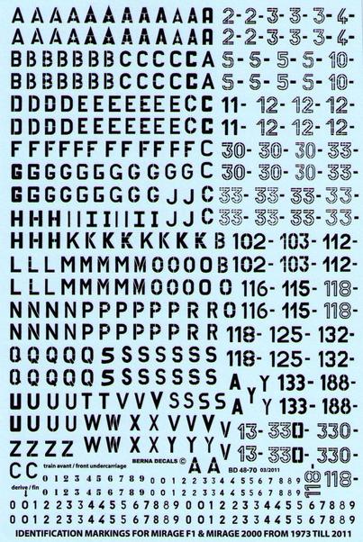 French registrations for Mirage F1 B, C, CR, CT & Mirage 2000 B, C, D, N, -5: BD48-70