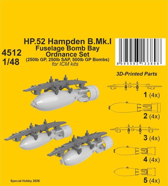 HP.52 Hampden B.Mk.I - Fuselage Bomb Bay Ordnance Set,  (ICM)  CMKA4512
