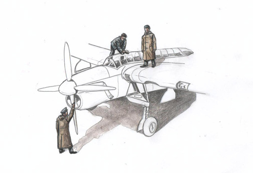 Barracuda Mechanics ( 3 figures) aboard carrier  with raincoat  F-72330