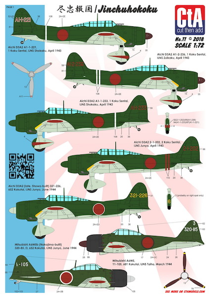 Jinchuhokoku" - Four type Aircraft: Aichi D3A2 (Val), Mitsubishi A6M5/B Reisen (Zero), Yokosuka D4Y1/2 Suisei (Judy), Nakajima B6N1/2 Tenzan (Jill). 26 Markings: June 1942 - December 1944. CTA-011