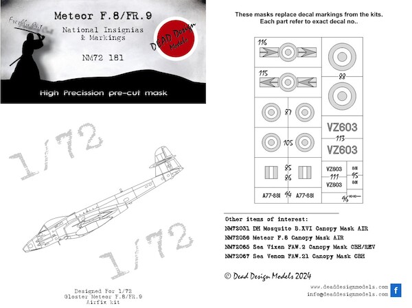 Meteor FR8/9 National Insignias and Stencils mask (Airfix) NM72181
