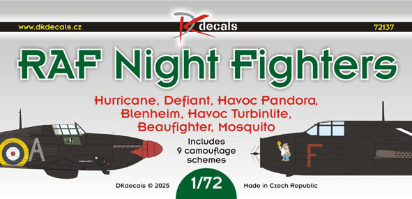 RAF Night fighters (Hirricane, Defiant, Havoc Pandora, Blenheim, Havoc Turbinlight Beaufighter and Mosquito) 9 schemes DK72137