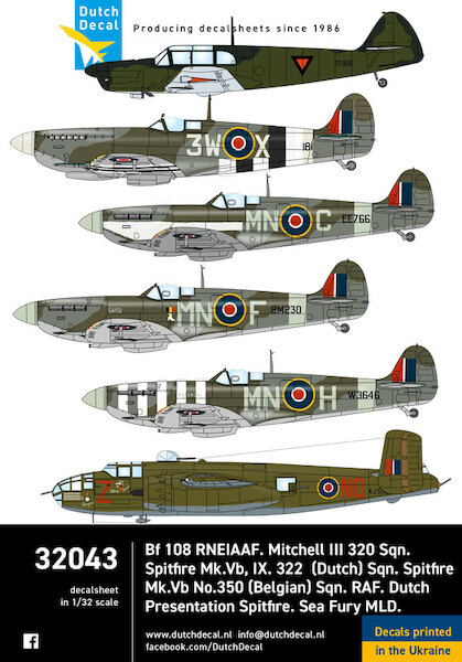 Messerschmit BF108 (NEIAAF), Mitchell MKIII (322 Dutch sq), Spitfire MKV,(350 Belg) sq), Dutch Presentation Spitfire and Sea Fury MLD)  DD32043